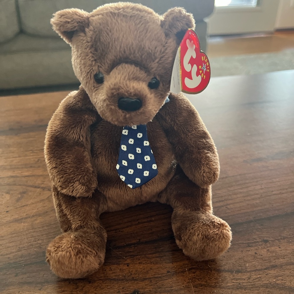 Ty Plush Dad Bear with Patterned Blue Tie